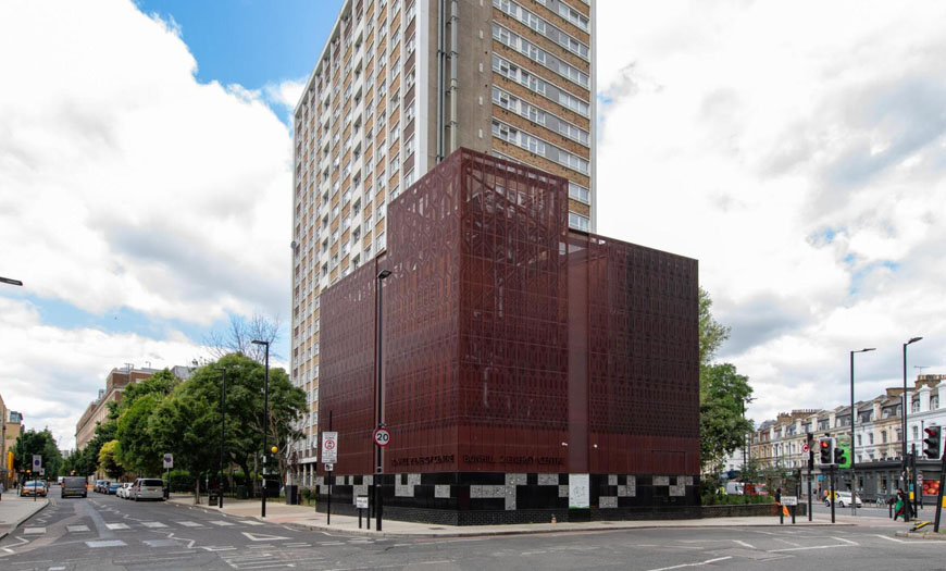 Bunhill Energy Centre in London featuring a red patterned perforated façade installed by Simbi Ltd.