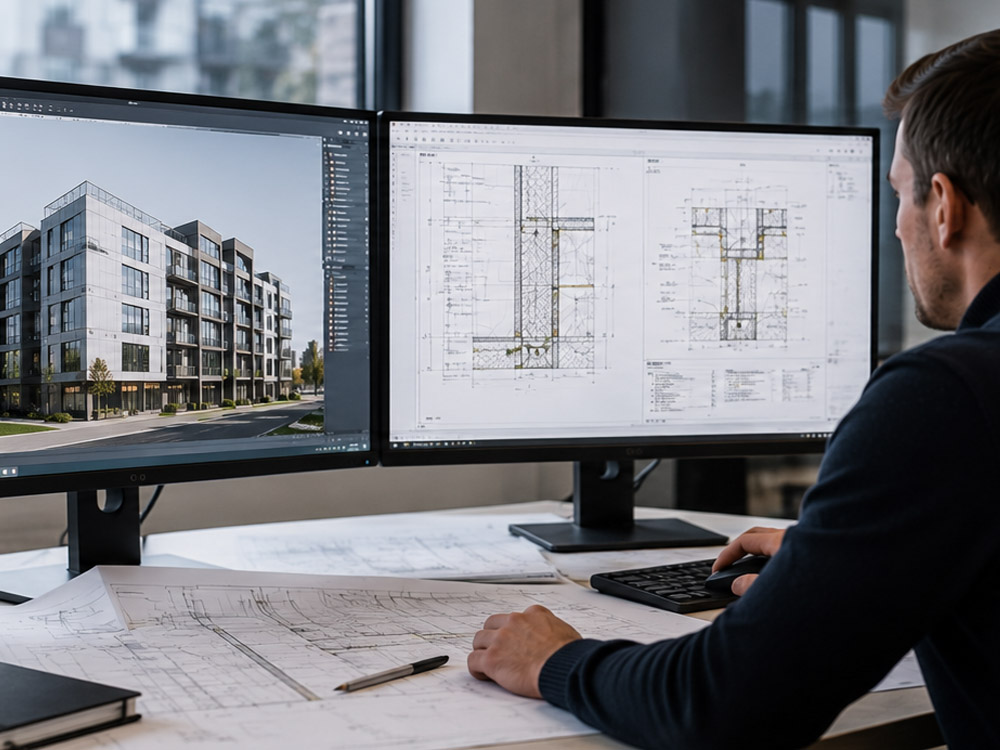 Architect developing a Stage 5 façade design package using detailed technical drawings, BIM