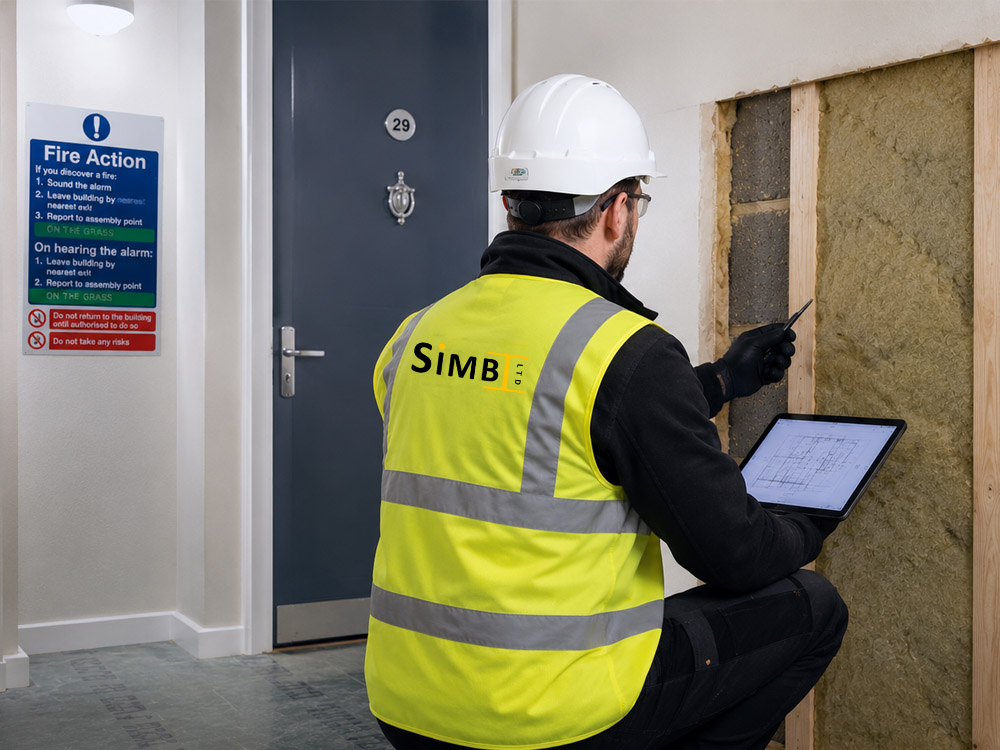 Simbi Ltd operative beside exposed wall insulation and timber studs during intrusive survey facilitation.