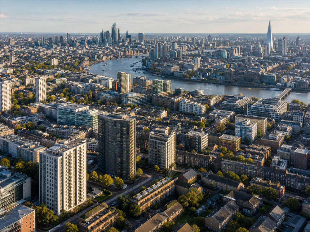 Aerial view of London showing residential buildings requiring coordinated cladding remediation