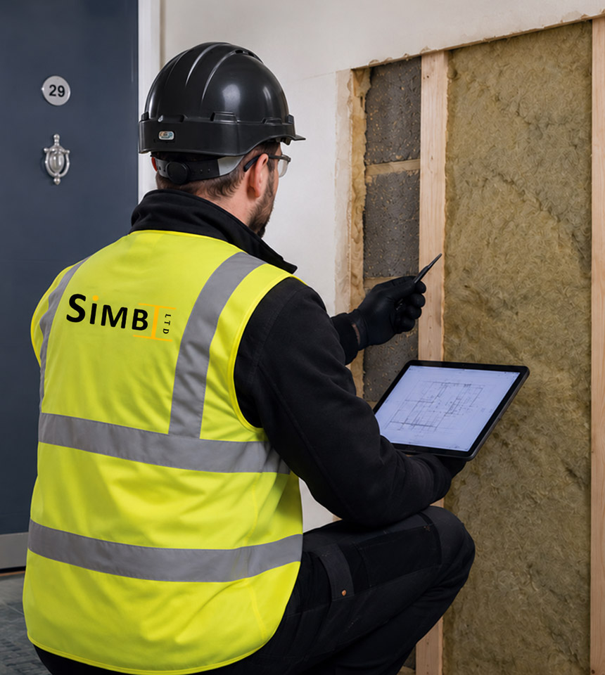 Intrusive surveyor inspecting an exposed wall cavity inside a residential building to support fire