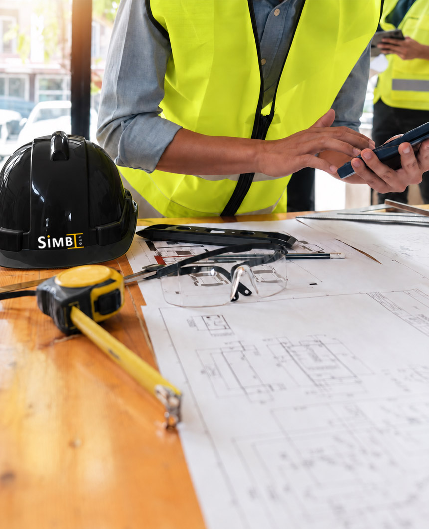 Construction professional reviewing Stage 5 design drawings beside a black hardhat
